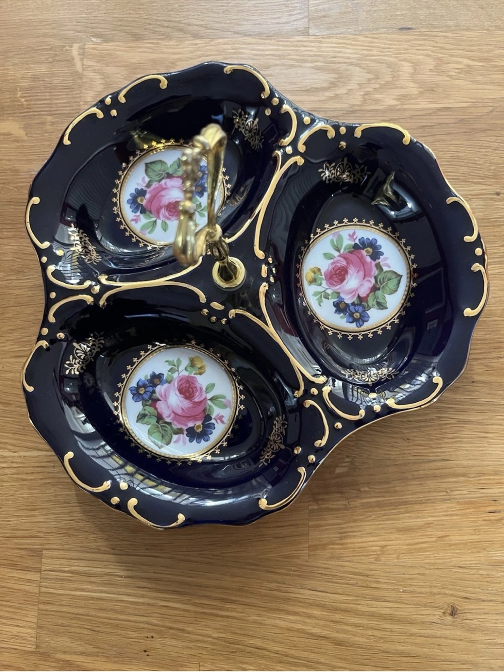 Vintage Handpainted Floral 3 Sectioned Decorative Bowl Platter Tray